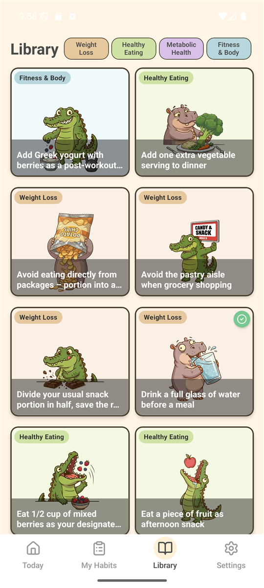Habit library screen with habits grouped by goal
