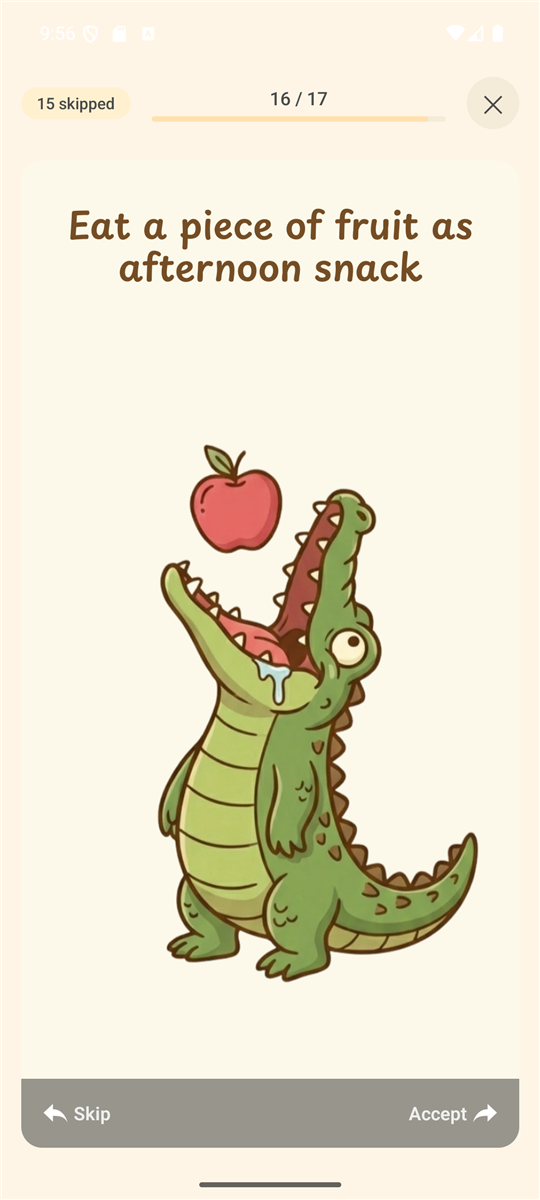 Mini Diet habit suggestion: a cartoon crocodile catching an apple, with the habit 'Eat a piece of fruit as afternoon snack'