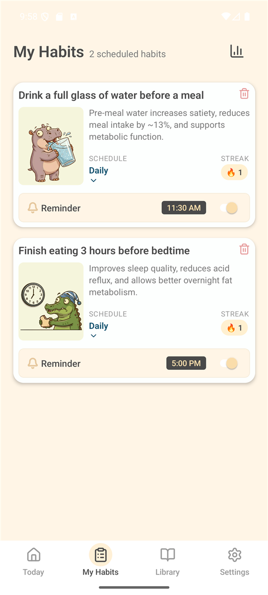 My Habits screen with scheduled habits, streaks and reminders