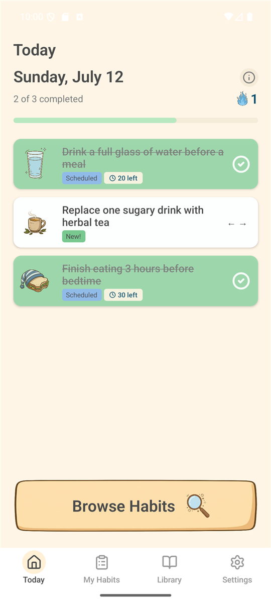 Today screen showing the day's habits and progress